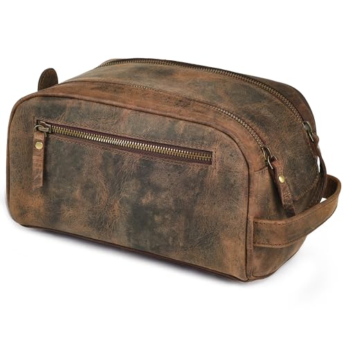 LEATHER VILLAGE Premium Leather Toiletry Travel Pouch With Waterproof Lining - Brown | King-Size Handcrafted Vintage Dopp Kit Bag
