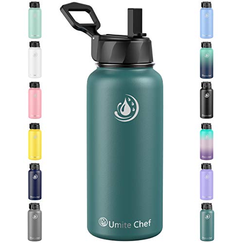 Umite Chef Sports Water Bottle with New Wide Handle Straw Lid Vacuum Insulated Stainless Steel Thermo Mug 32 oz Double Walled Wide Mouth Water Bottle Leak Proof Sweat Free Mint Green