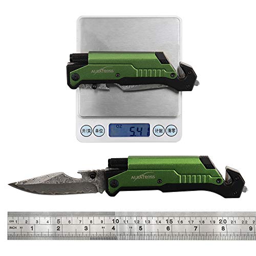 Image of ALBATROSS 6-in-1 Modern Damascus Steel Folding Pocket Knives with LED Light,Seatbelt Cutter,Glass Breaker,Magnesium Fire Starter,Bottle Opener;Multi-Function Emergency Tool(Green-DA)