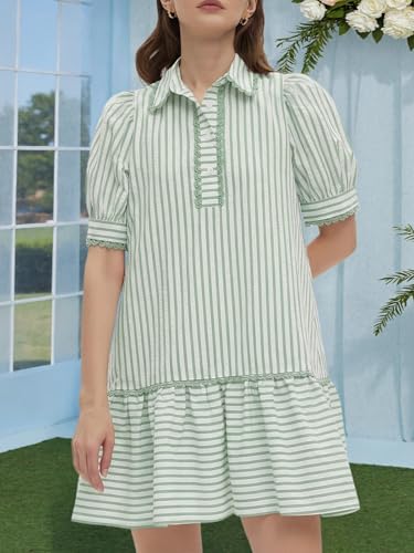 Image of EZAPINE Women Striped Shirt Dress Summer Button Down Collared Short Puff Sleeve Ruffle Hem Casual Flowy Mini Dress