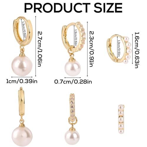 3 Pairs Gold Earrings and Pearl Set, Dainty Pearl Hoop Earrings Ladies' Gold Pearl Earring Set Pearl Earrings Studs Set Stacks Pearl Earring Pearl Earrings Gift for Women Ladies2