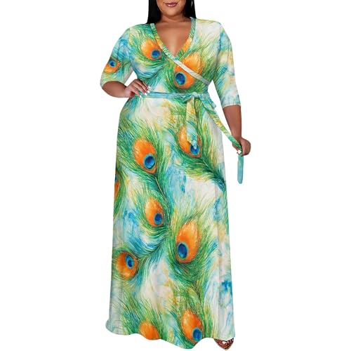 Image of SUZONANA Plus Size Maxi Dresses for Curcy Women Casual Loose 3 /4 Sleeve Long Dress with Belt