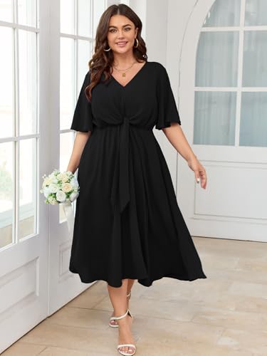 SCOMCHIC Women Plus Size Midi Dresses Wedding Guest Short Sleeve V Neck Tie Waist Casual Summer Flowy A Line Dress3
