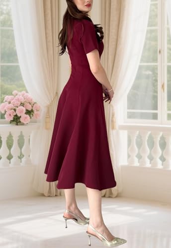 RomMoon Women's Summer Round Neck Midi Dress Short Sleeve Fit and Flare Elegant A-Line Business Swing Dresses Deep Red — view 4
