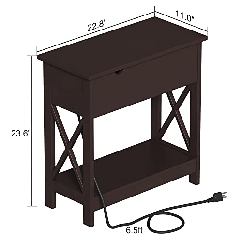 Choochoo End Table With Charging Station, Narrow Flip Top Side Table With Usb Ports & Power Outlets For Small Spaces, Bedside Table With Storage, Nightstand Sofa Table Living Room, Bedroom Espresso #TOP1