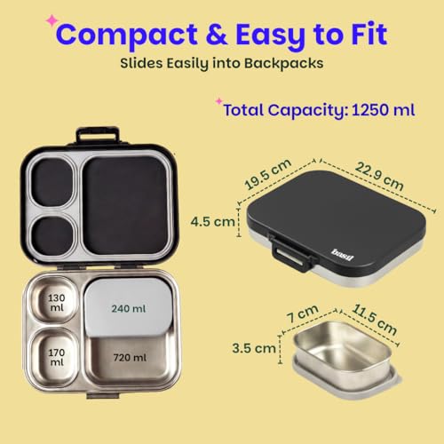 Image of Basil Bento Box Quad Plus -3+1 Compartment Stainless Steel Lunch Box (1020ml) with BPA Free Lid | Leak Proof Tiffin for Kids & Adults | Premium Lunch Box for School, Office & Picnic - Classic Black