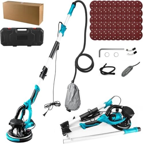 Jirrtco 電気ドライウォールサンダー 折りたたみ式 110V 1250W 電気乾式壁サンダー 電動サンダー 800-1800RPM?6段階変速 LEDライト 自動掃除機付き 1.54-2M伸縮可 ポールサンダー ディスクサンダー 天井と壁用 6枚の交