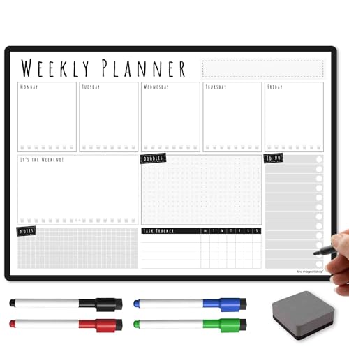 TMS Magnetic Weekly Planner/You Got This A3 | Dry Wipe Whiteboard Planner for Home, Office or Students | with 4 Dry Erase Pens and Eraser (Charcoal, A3-WP2)