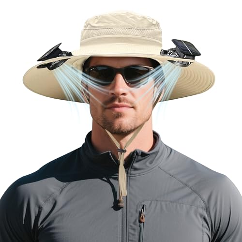 HAPYFMSHI Solar Fan Hat for Men, Wide Brim Sun Hat with 2 Built in Solar Fans, Waterproof UPF...
