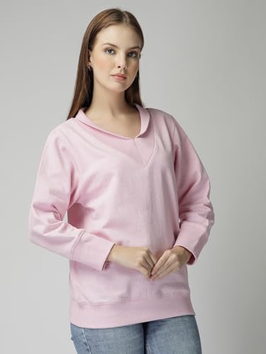 Image of Women's Boyfriend /Loose Fit Full Sleeve Drop Shoulder Loopknit V-Neck Neck Sweatshirt Oversized Cotton Winter T-Shirt for Women Korean Style Casual | Trendy Baggy Fit for Girls