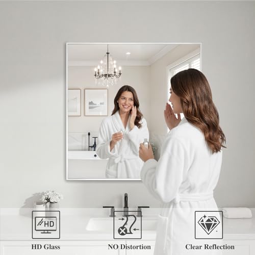 Image of Koonmi White Rectangle Wall Mirror, 30x30 Inch Bathroom Mirror, Aluminum Frame Vanity Mirror for Entryway, Living Room, Bedroom Bathroom, Hangs Horizontally or Vertically