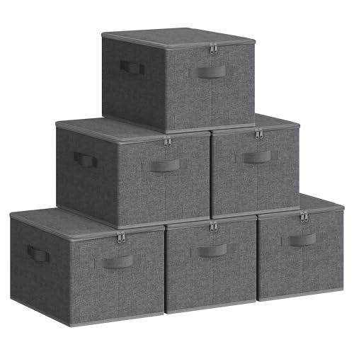 SONGMICS Cajas de Almacenamiento Plegables, Juego de 6 Organizadores en Cajas con Tapas y Asas, para Ropa, 40 x 30 x 25 cm, Tejido de Tela No Tejida, Gris Pizarra RZB003G02