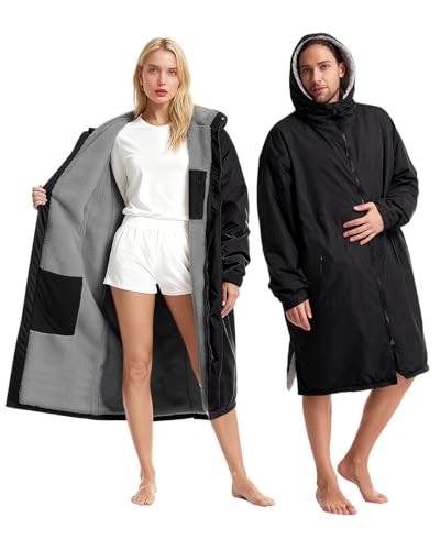 Evviee Dry Robe, Waterproof Changing Robe with Hood, Fleece Lining & 2 Inner Zip Pockets, Dry Robes Adult Women Men, for Beach, Watersports, Swimming, Surfing, Black and Grey