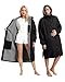 Evviee Dry Robe, Waterproof Changing Robe with Hood, Fleece Lining & 2 Inner Zip Pockets, Dry Robes Adult Women Men, for Beach, Watersports, Swimming, Surfing, Black and Grey