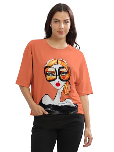 Image of HELLCAT Beige Printed Loose Fit Crew-Neck Crop T-Shirt for Women