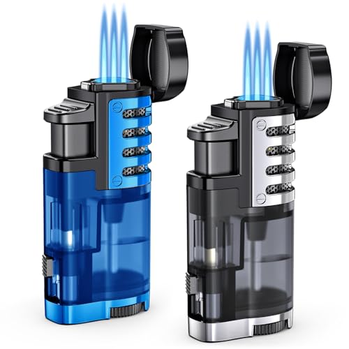 Cigar Lighter Torch Lighter Butane Refillable Triple Jet Flame Torch Lighters, Windproof Adjustable Flame Butane Torch Lighter with Cigar Punch 2 Pack (Without Fuel) (Blue Black)