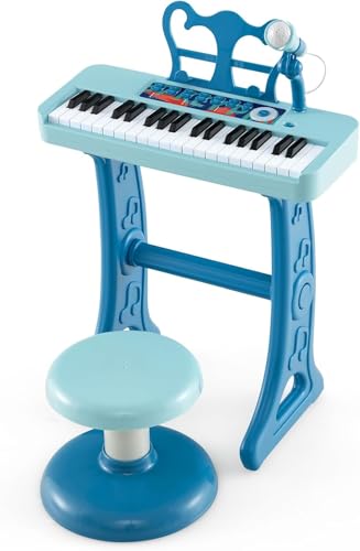 RELAX4LIFE Piano infantil com 37 teclas com microfone, tamborete, atril, gravação e reprodução, volume ajustável, karaokê infantil com 22 músicas, 4 ritmos, 4 instrumentos para crianças de 3 anos