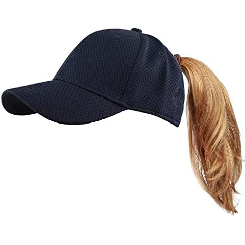 The Hat Depot Women High Ponytail Sun Protect Structured Deep Fitted Athletic Baseball Cap Hat, Navy, One Size Cover