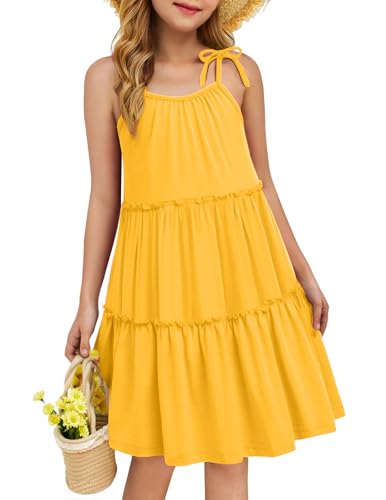 Arshiner Girl Summer Dresses Tween Boho Spaghetti Strap A-Line Swing Flowy Ruffle Tiered Sundress with Pockets