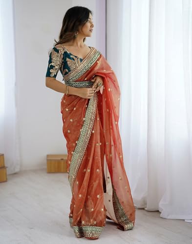Image of SIRIL Women's Net Sequence Embroidered Saree With Unstitched Blouse