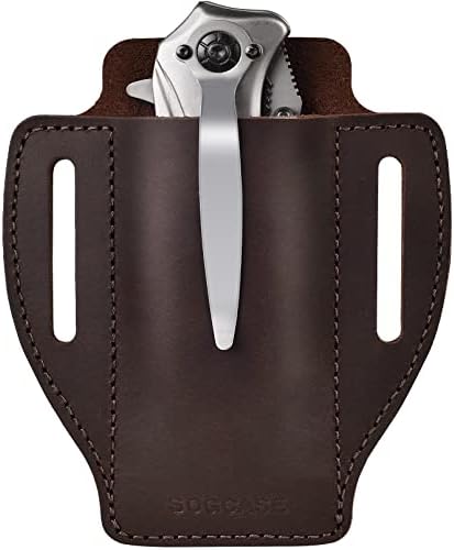 SOGCASE Folding Knife Holster, Leather Knife Sheath Belt, Pocket Knife Holder for Buck Knives, Civivi, Smith & Wesson (Downbrown, Large)