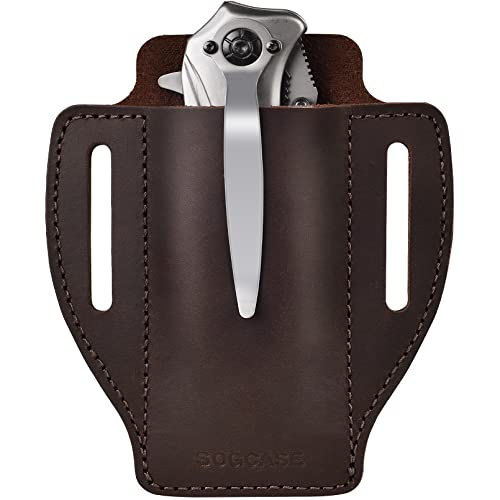 Sogcase Folding Knife Holster, Leather Knife Sheath Belt, Pocket Knife Holder For Buck Knives, Civivi, Smith & Wesson (Downbrown, Large) #TOP13