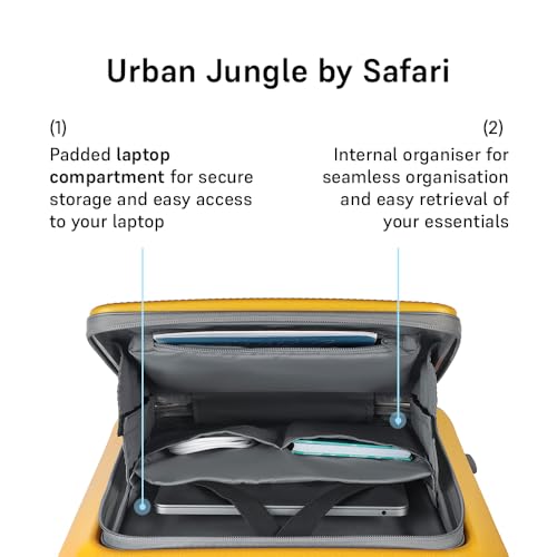 Image of Urban Jungle by Safari, Cabin Trolley Bag with Laptop Compartment, Hardside Polycarbonate Small (55 Cm) Suitcase with USB Charging Socket, 8 Silent Wheel Luggage for Both Men & Women (Yellow)