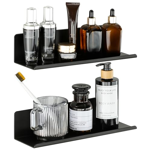 SAYAYO 2 Pcs Etagere Murale Noire Adhésif sans Perçage/Montage par Vis, Tablette Flottante Murale en Métal Anti-Rouille, Décoration & Rangement dans Salon,...