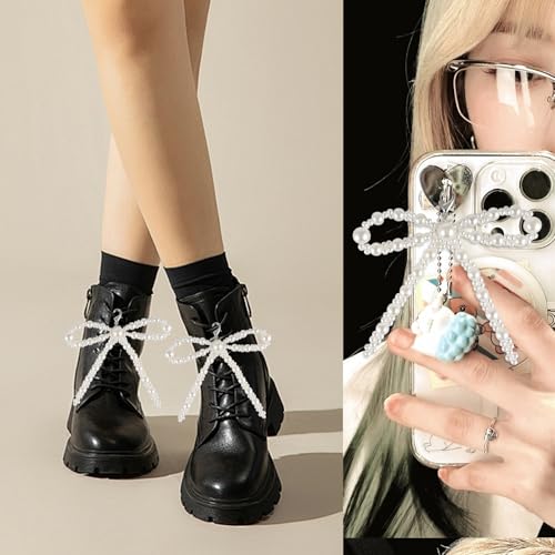 Lestp 2Pcs Pearl Bow Shoe Charms For Sneakers Decoration Shoe Lace Charms Sneakers Elegant Pearl Buckle Dress Shoe Sneaker Accessories For Women Girls Pearl Bead Chain Shoelace Charms Diy Y2K Accessories-B thumb #3