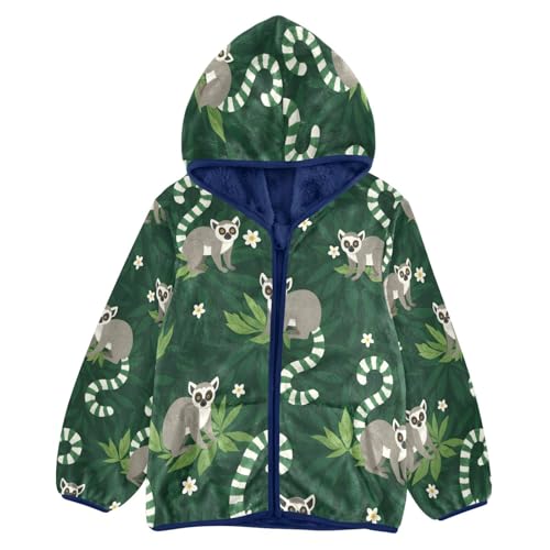 Lemur Pattern with Green Leaves Toddler Fleece Jacket Girl Boys Hooded Fleece Jacket Coat Warm Outwear Zip-up 3-10T
