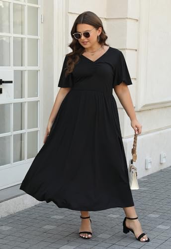 Image of Keluummi Plus Size Maxi Dress for Women Floral Empire Waist V-Neck 3 /4 Sleeve with Pockets