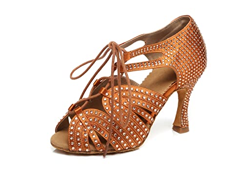 Chaussures de danse latine marron à strass taille 36 avec talon de 9 cm Al453