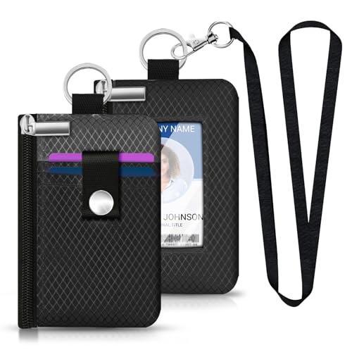 Image of Minimalist RFID Blocking Small Wallet with ID Window,WaterResistant Zip Id Case Wallet with Lanyard Keychain for Cards,Cash,Travel,Women,Men (Black /DarkGrey)