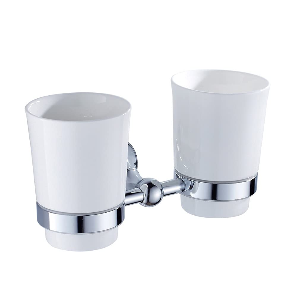Bathroom Toothbrush Holder, Double for Wall Mounted Ceramic Tumbler with Frosted Cup Toothpaste Organizer Storage, Brushed Chrome,Brass