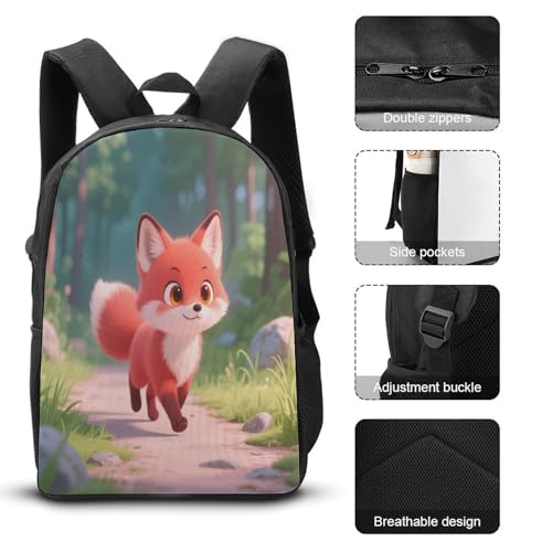 Printed Backpack With Lunch Pack Storage Box Case Little Fox 3pcs Lightweight Travel Backpack3