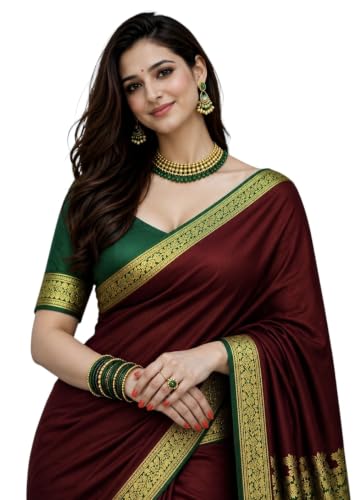 Image of Women's Glory Banarasi Satin Silk Saree with Rich Zari Woven Border & Pallu | Soft Glossy Party Fancy Traditional Saree for Wedding, Festive, Function | Blouse Piece Included