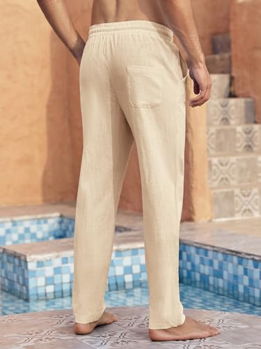 Image of PASLTER Mens Cotton Linen Pants Casual Summer Beach Pants Dress Trousers