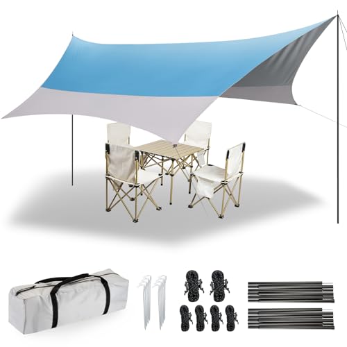 12X14FT Camping Tarp with 2 Poles, UV UPF50+ Lightweight Car Awning Sun Shelter, PU3000 Waterproof Tarp for Camping, Hiking and Backpacking Trips