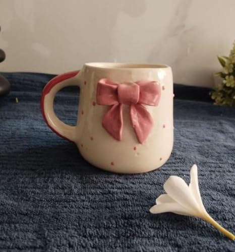 Image of Cute Pink Bow Ceramic Mug for Coffee Tea Milk | 3D Bow Design Gift Mug for Girls Women Kids | Premium Glazed Polka Dot Finish (2)