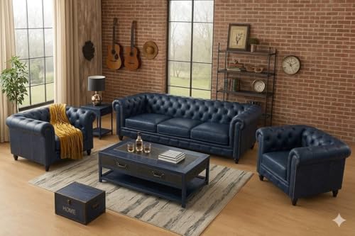 Image of Modern Classic Design Leatherette Luxury Chester Sofa Set with Button Tufted, 3+1+1=5 Seater Sofa for Living Room Home, Office and Lobby (Blue, 3+1+1=5 Seater Sofa)