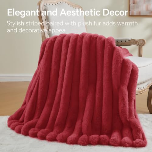 Image of BEDELITE Faux Fur Throw Blanket for Couch, 770GSM, 50 inch x 60 inch, Red | Soft and Cozy Luxurious 3D Striped Fluffy Blanket, Warm Plush Fuzzy Faux Rabbit Fur for Women Gift, Stylish Room Decor