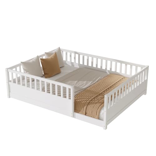 Image of Bellemave Queen Size Kids Montessori Floor Bed,Solid Wood Floor Bed Frame with High Fence and Door for Kids,Girls,Boys,White