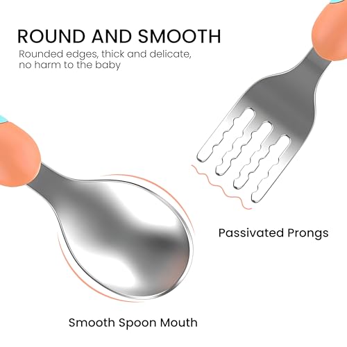 Image of Baby Spoon and Fork Set, Orange Stainless Steel Toddler Cutlery Set with Easy Grip, 2 Pc, Self Feeding Utensils for Baby Meals School and Travel, Mealtime Essential