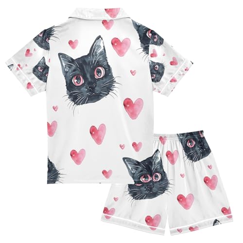 senya Cat Face and Pink Hearts Satin Summer Pajama Sets Silk Short Sleeve Button Down Sleepwear2