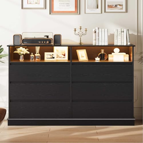GAOMON Black Dresser for Bedroom with 6 Drawers, Modern Chest Featuring LED Lights and Charging Station, Spacious Storage Cabinet with Open Space for Living Room or Hallway Black 15.6"D x 51