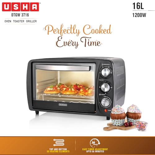 Image of USHA OTGW3716R 16L OTG with Rotisserie | Bake, Grill, Roast & Toast | Upper & Lower Heating | Adjustable Time & Temperature | Cool Touch Handle | 1200W | Black | 2 Year Warranty