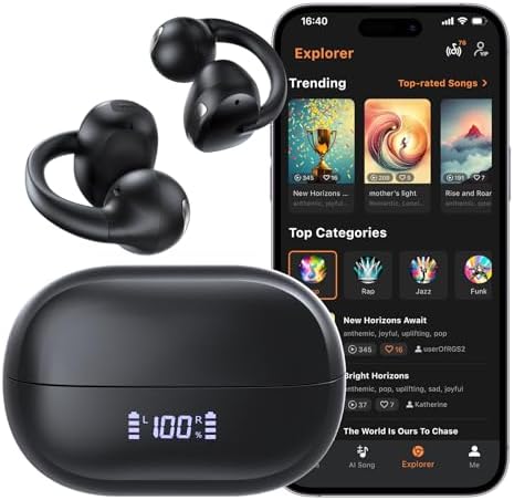 Open Ear Clip On Earbuds, Bluetooth 5.4 Bone Conduction Headphones AI Music Generator Earbuds with 4 Mics Clear Calls, 5.7g Ultra-Light Design, 30H Hi-Fi Stereo Playtime & IPX6 Fit Sports, Black