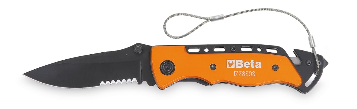BETA 1778SOS-HS - Coltello Soccorso Auto con Funzione Martello Frangicristallo e Tagliacinture di Sicurezza H-SAFE, con Clip, Custodia in Tessuto e Blocco Lama di Sicurezza