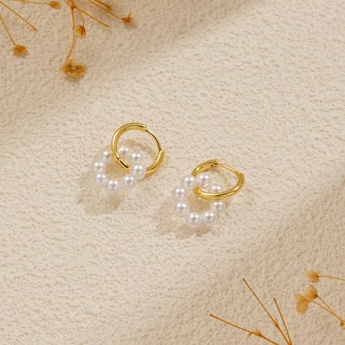 Pearl Earrings for Women - Dainty Gold Earrings Trendy 14K Gold Plated Freshwater Pearl Dangle Hoop Stud Earrings for Women Wedding Jewelry Gift for Women