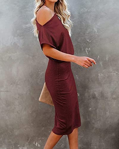 Image of EZBELLE Women's Summer Dress Off The Shoulder Short Sleeve Ribbed Casual Party Bodycon Midi Dresses